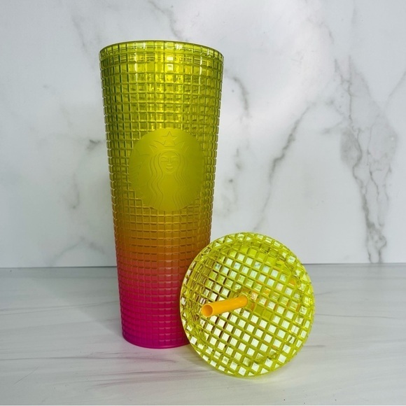 Starbucks Summer 2022 Lemon Yellow Pink Gradient Ombre Grid 24oz Venti Tumbler - Picture 3 of 5